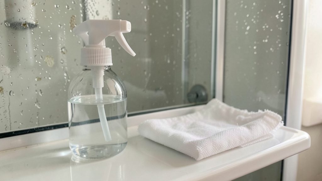 Spray z kwasem i ściereczka na półce obok kabiny prysznicowej