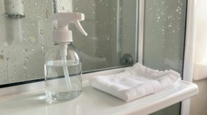 Spray z kwasem i ściereczka na półce obok kabiny prysznicowej